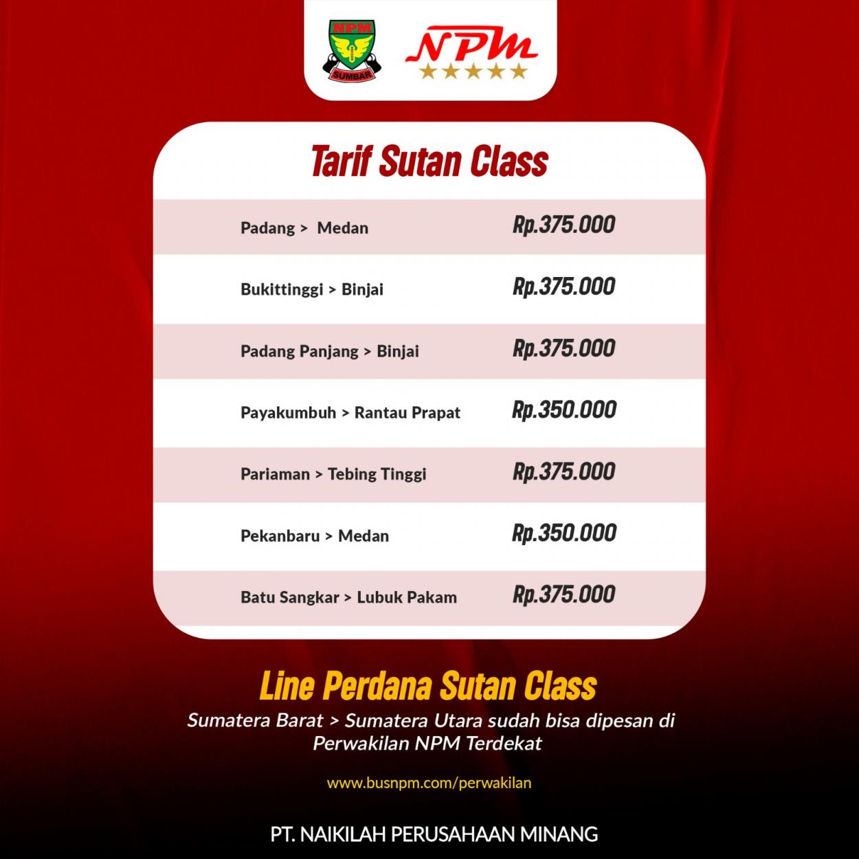 Harga tiket Sutan Class Sumbar ke Sumatera Utara